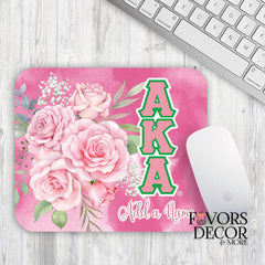 Mouse Pad | Alpha Kappa Alpha Sorority - Pink Tea Roses and Greek Letters