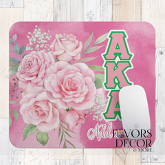 Mouse Pad | Alpha Kappa Alpha Sorority - Pink Tea Roses and Greek Letters