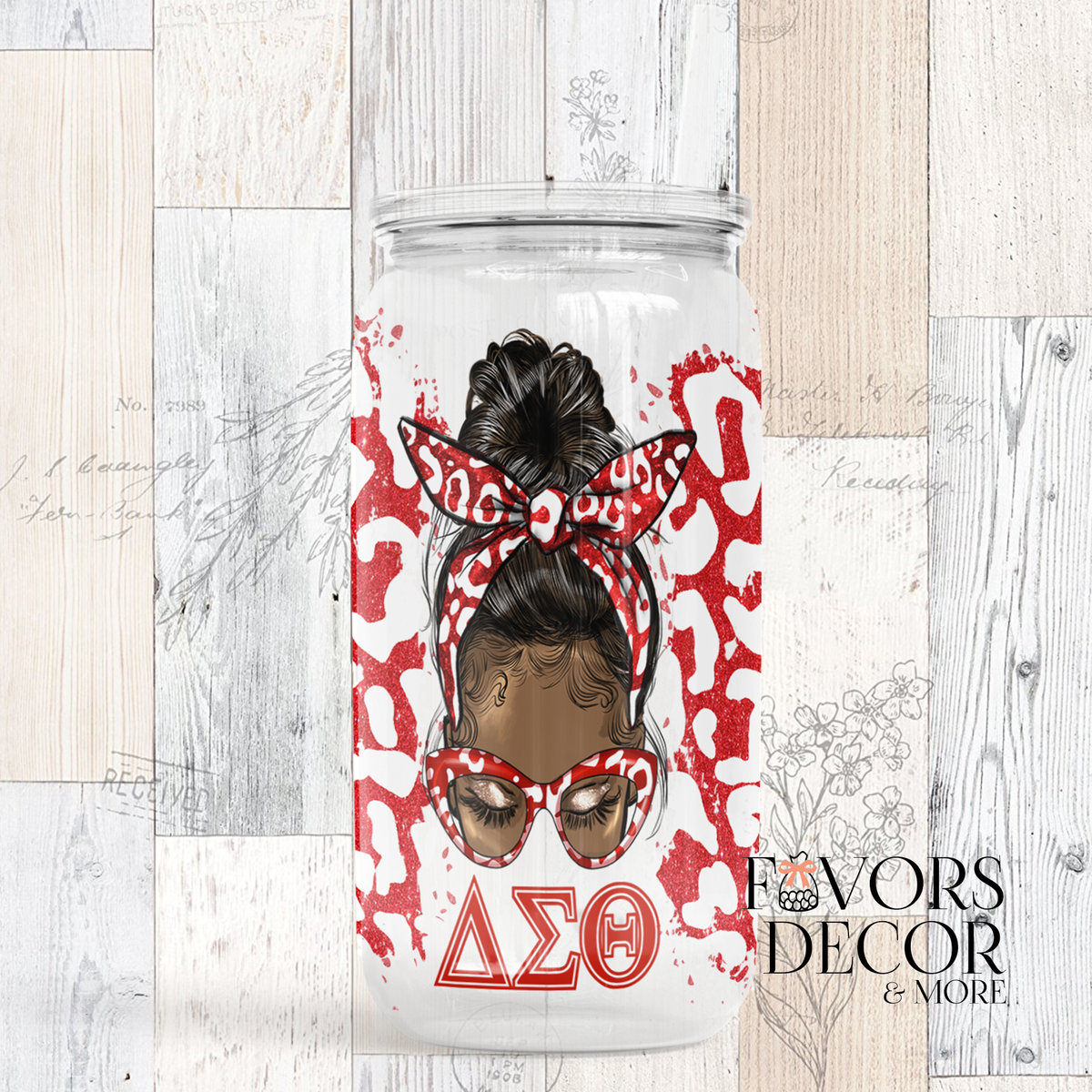 Tumbler - Delta Sigma Theta Red Leopard Messy Bun Tumbler | DST Travel Cup with Straw