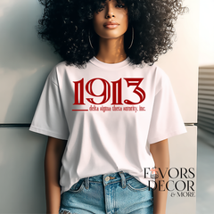 Person wearing a white t-shirt with '1913' printed in red, standing against a neutral background.