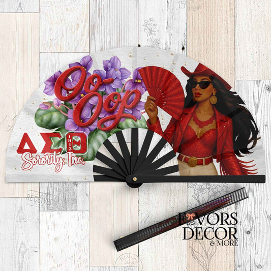 Clack Fan - Delta Sigma Theta Sorority| “Oo-Oop” Diva Folding Fan with African Violets - Favors Decor and More