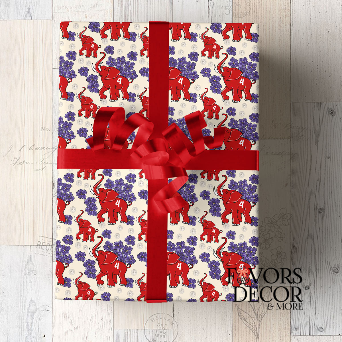 Wrapping Paper - Red Elephant, Violet Line Number Delta Sigma Theta New Member Gift Wrap – 24" x 36"