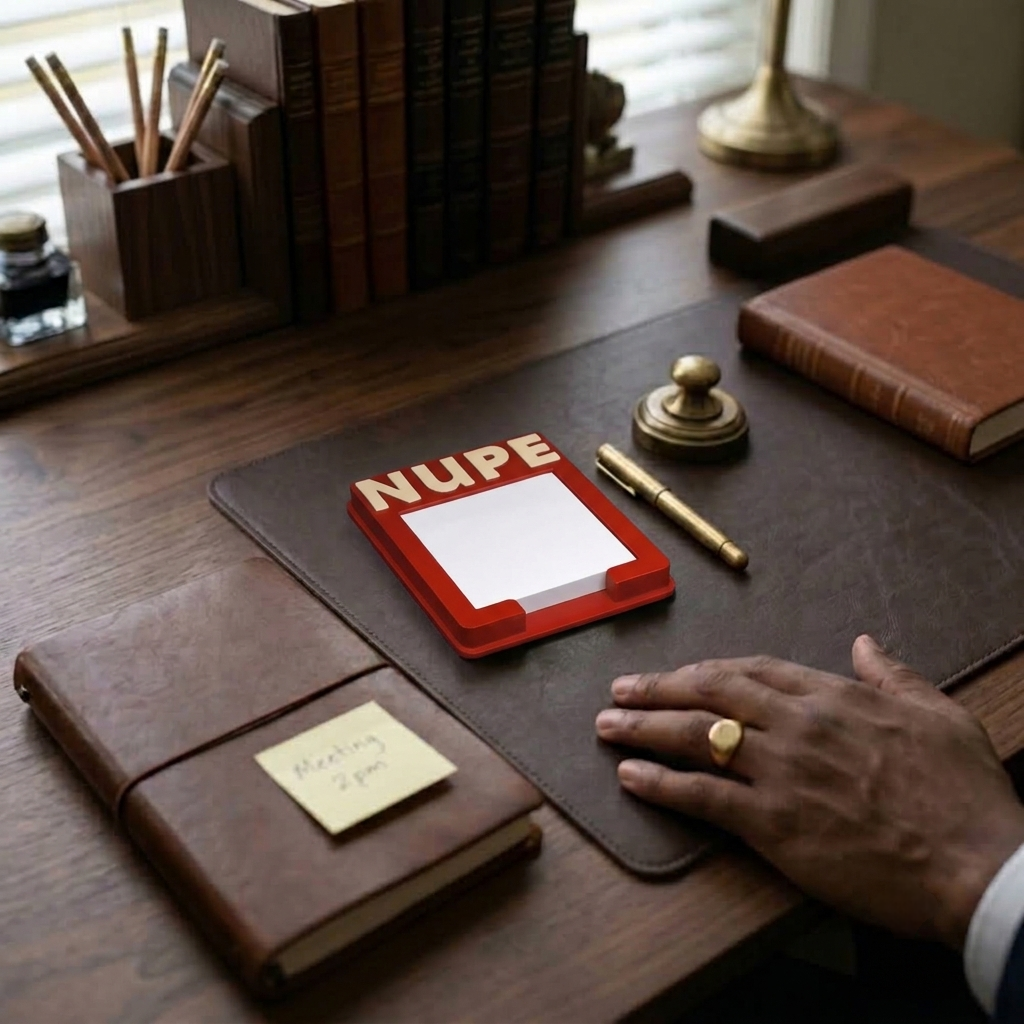 A close-up of a desk setup with a brown leather pad on which a red sticky note holder reading 'NUPE' and a blank white note sits. A hand rests on the pad, with a brown notebook, gold pen, brass stamp, books, and desk accessories arranged around it.