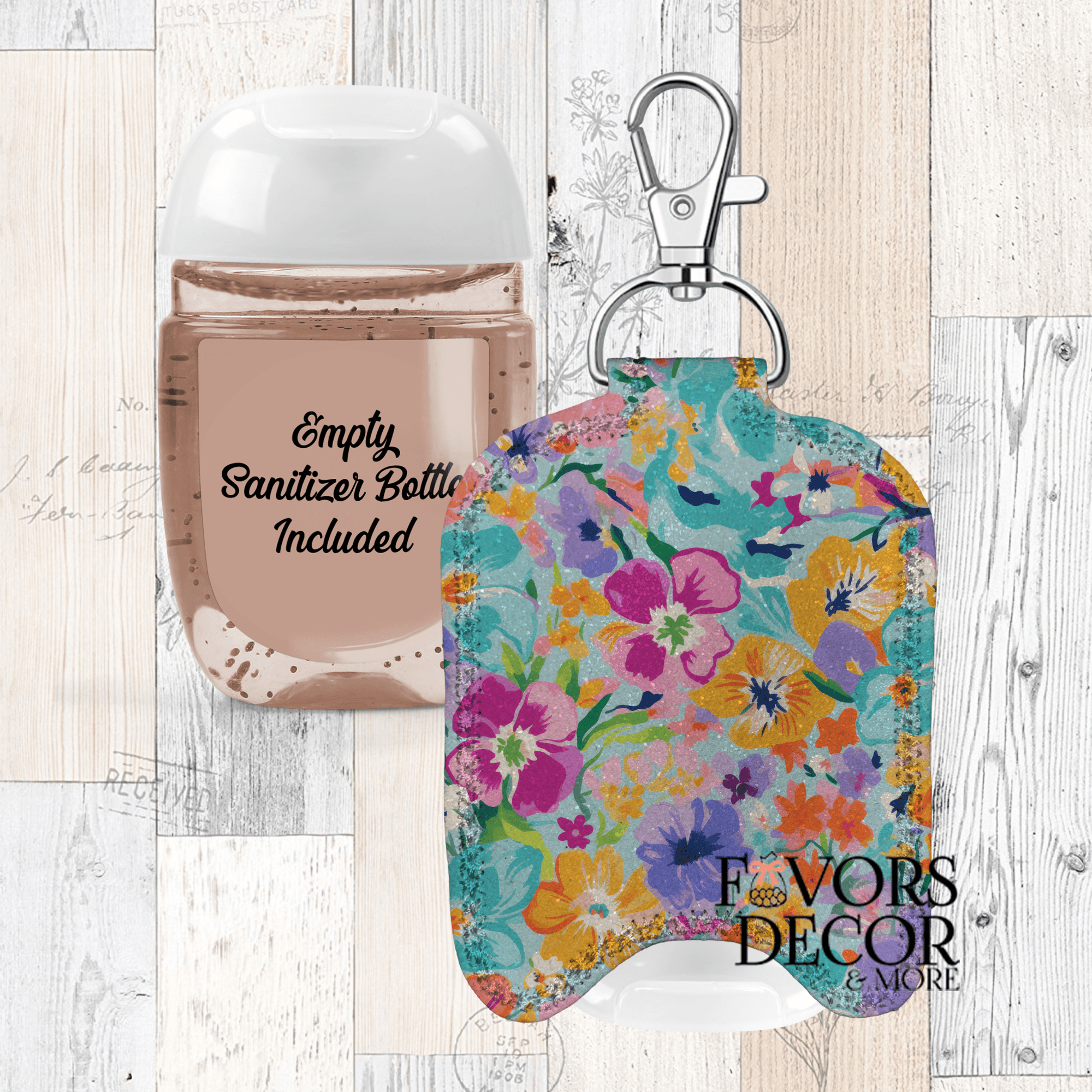 Hand Sanitizer Holder – Custom Printed Glitter Fabric Includes Empty Bottle - Favors Decor and More