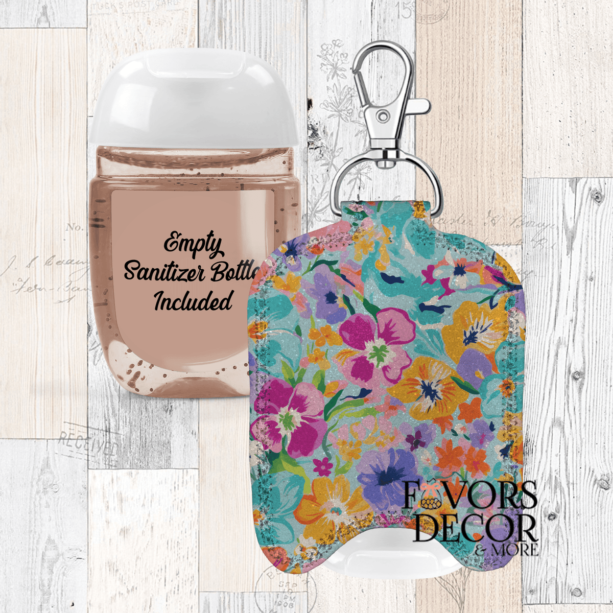 Hand Sanitizer Holder – Custom Printed Glitter Fabric Includes Empty Bottle - Favors Decor and More