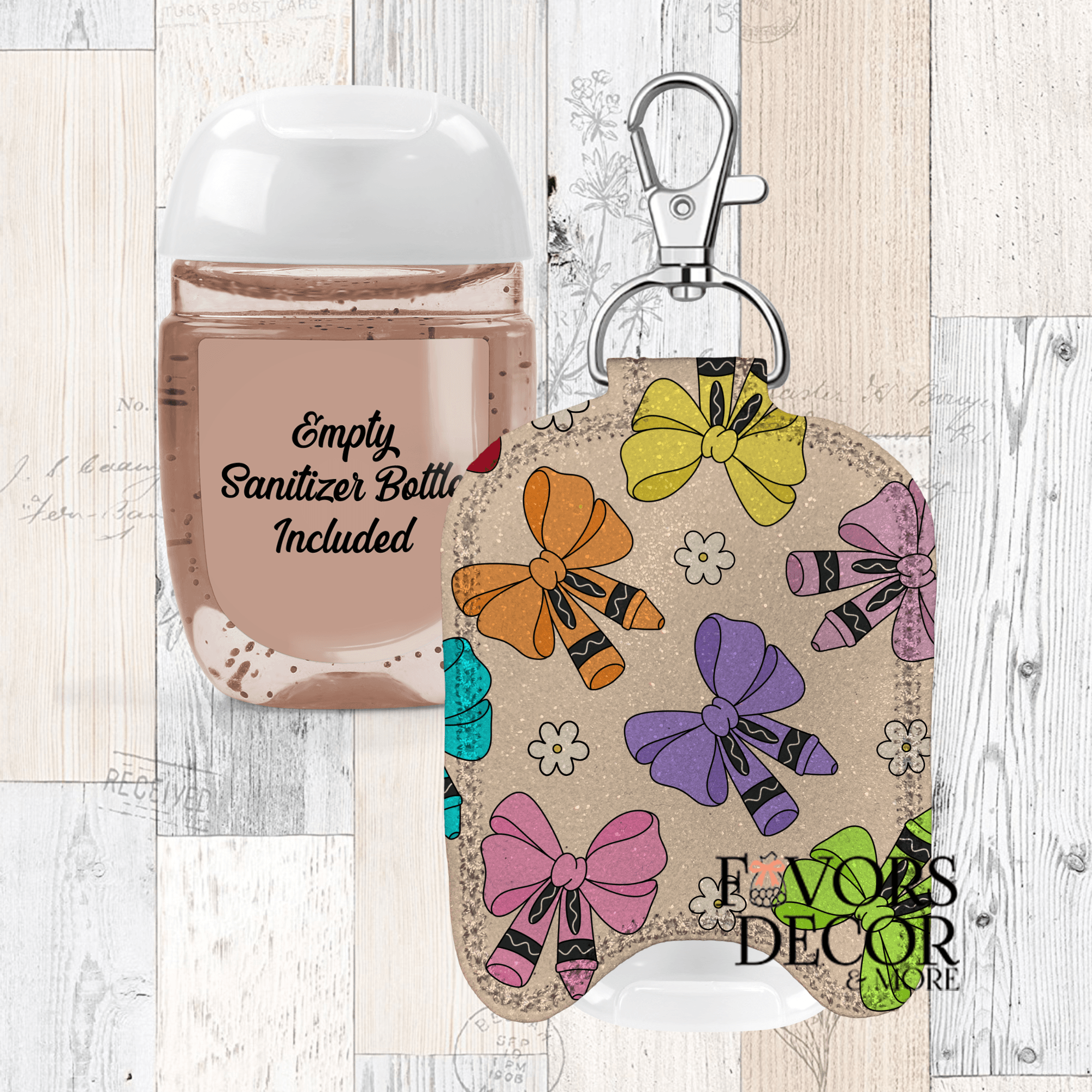 Hand Sanitizer Holder – Custom Printed Glitter Fabric Includes Empty Bottle - Favors Decor and More
