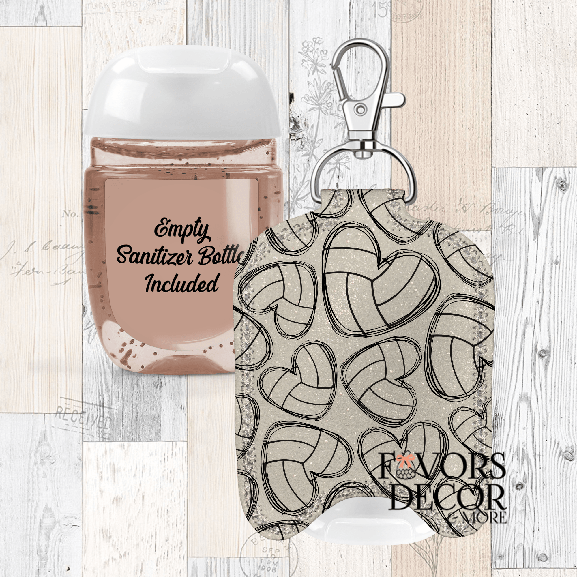 Hand Sanitizer Holder – Custom Printed Glitter Fabric Includes Empty Bottle - Favors Decor and More