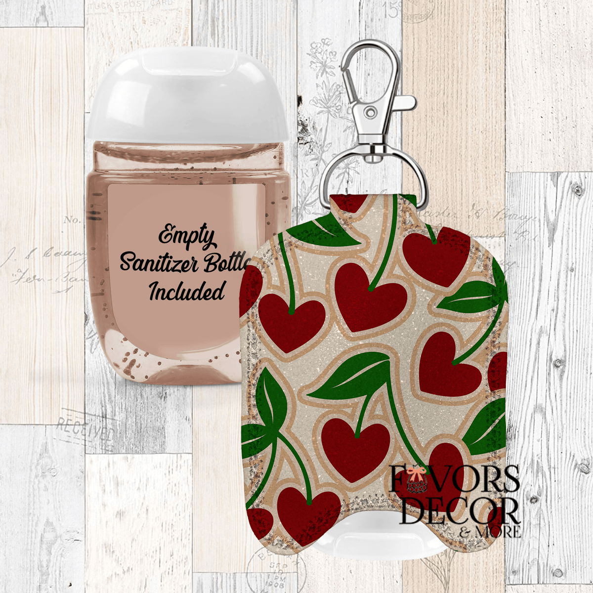 Hand Sanitizer Holder – Custom Printed Glitter Fabric Includes Empty Bottle - Favors Decor and More