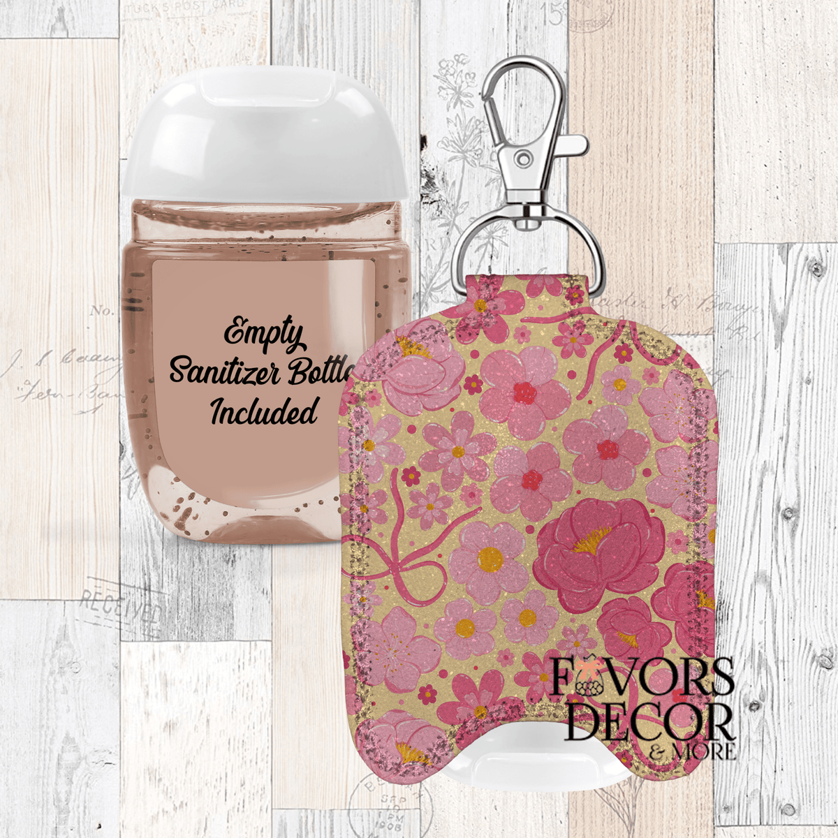 Hand Sanitizer Holder – Custom Printed Glitter Fabric Includes Empty Bottle - Favors Decor and More