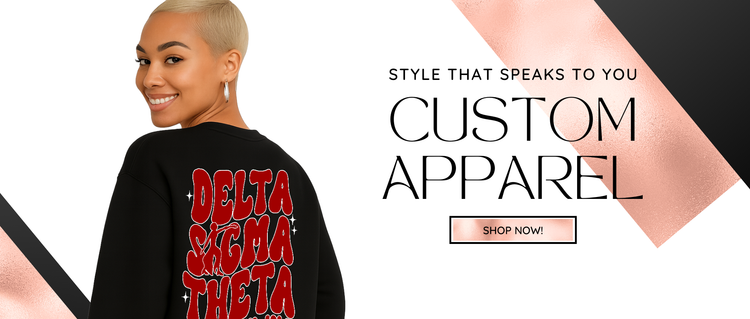 Person wearing a black sweatshirt with red text, promotional banner for Favors Decor and More custom apparel.